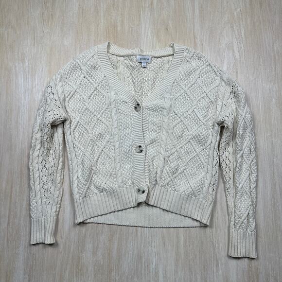 Evereve Cream Cable Knit Cardigan Sweater 100% Cotton Button Front Chunky Small - Picture 1 of 13